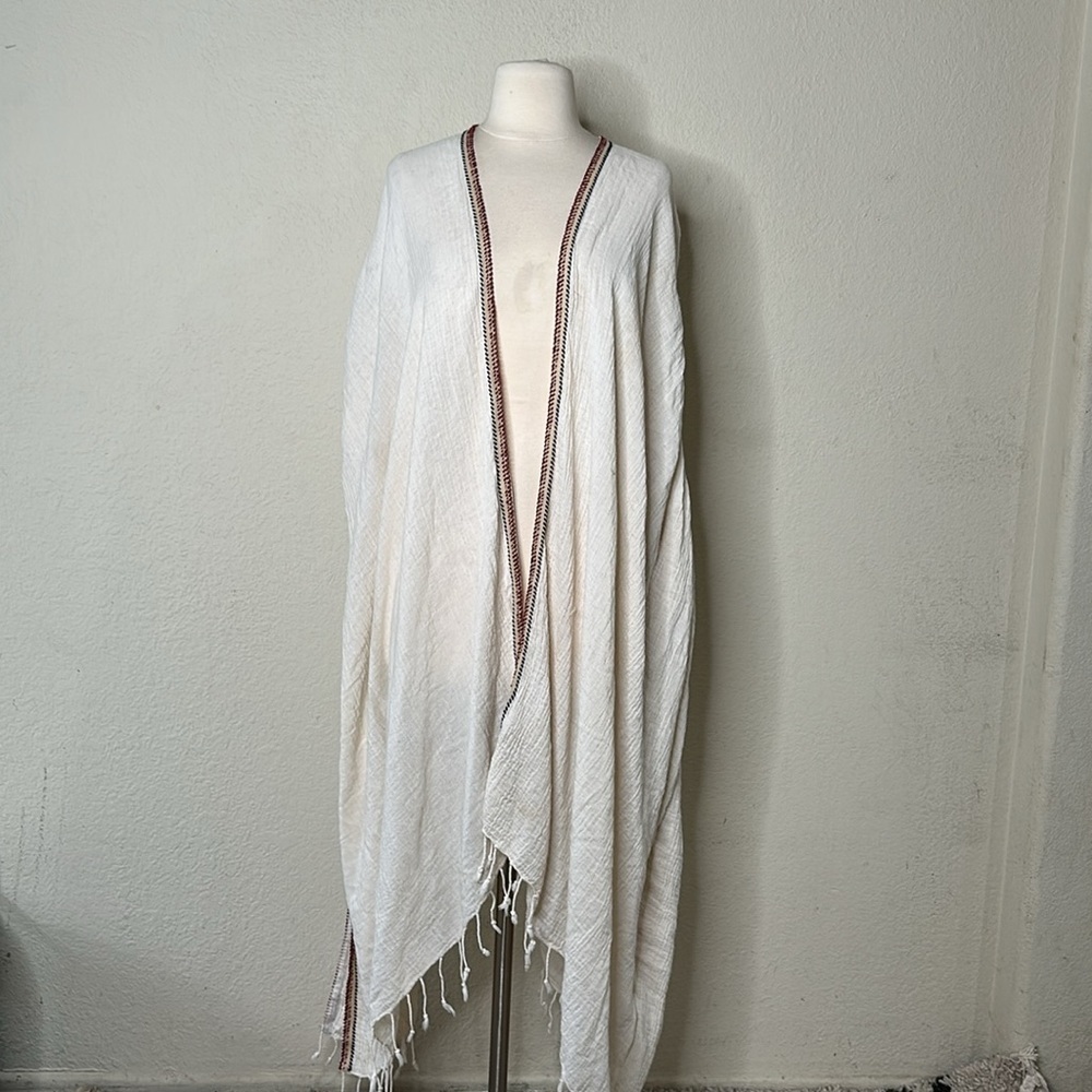 Bask Boho Linen Swim Coverup Fringe Poncho OS Beige Resortwear Beach Tropical